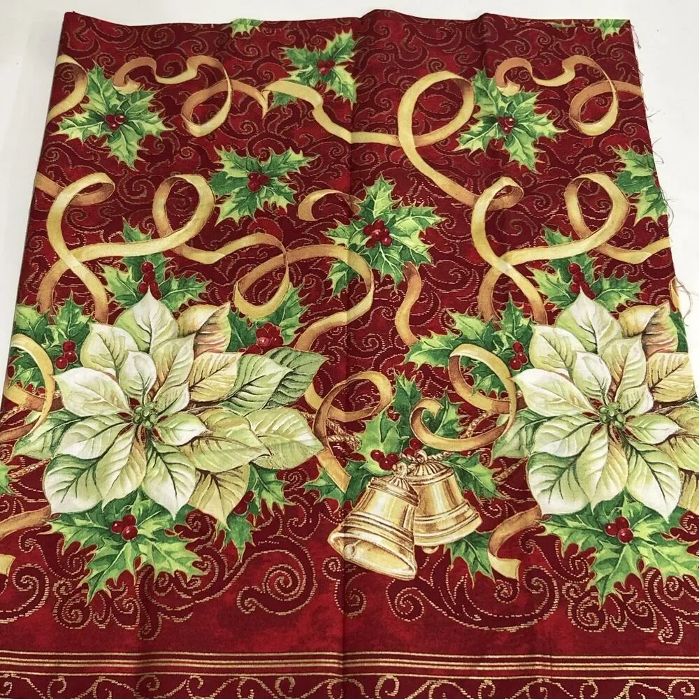 Christmas Fabric Poinsettias Bells Ribbons Holly Cotton Quilting 1 Yd X 42